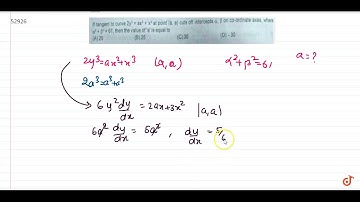 If tangent to curve  `2y^3 = ax^2+ x^3` at point (a, a) cuts off intercepts  `alpha, beta`  on...