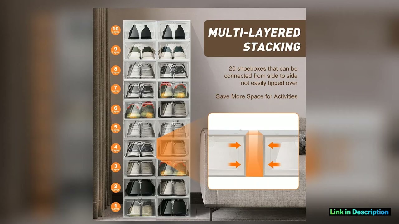 20 Pcs Clear Stackable Shoe Storage Boxes Rectangular Shoe Organizers Cases for Organize Shoe