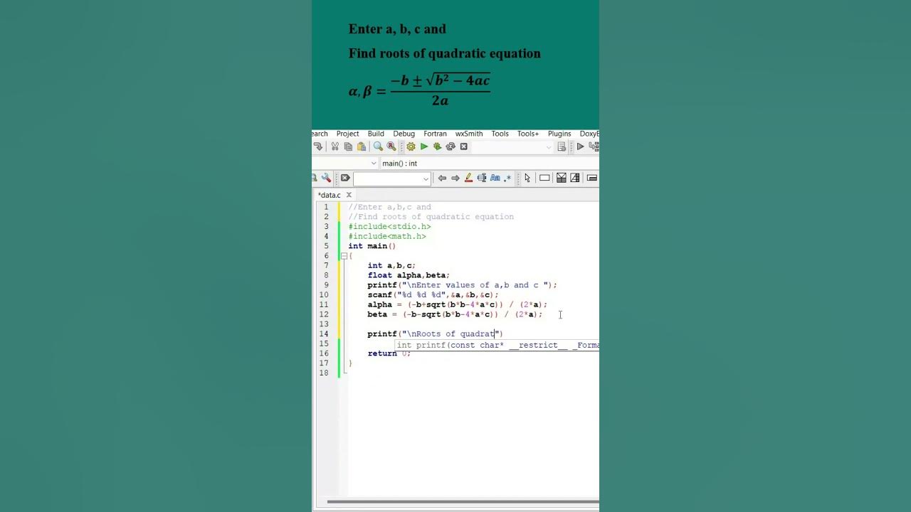 6 Calculate roots of quadratic equation C Program shorts shortvideo