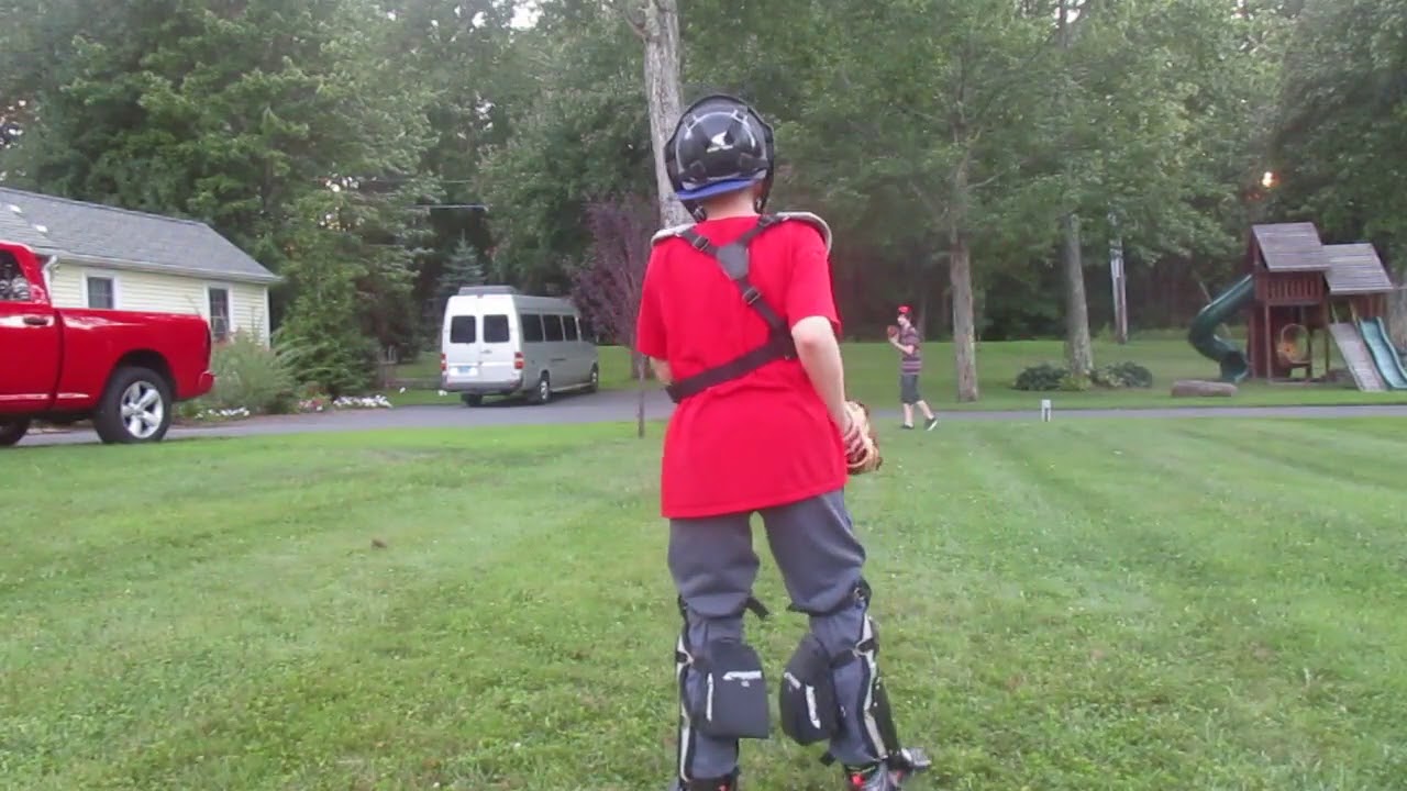 Pitcher Catcher using Easton Catchers gear and Champro Knee Savers