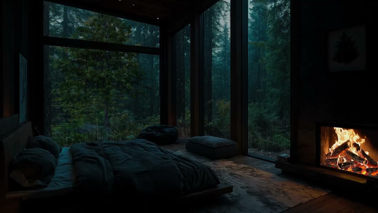 Heavy Forest Rainstorm in a Cozy Cabin 🌲🌧️🔥 Crackling Fireplace for Falling Asleep Fast