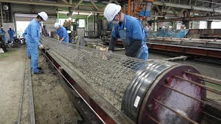 Process of making giant Concrete piles. Japanese concrete pile manufacturing factory.