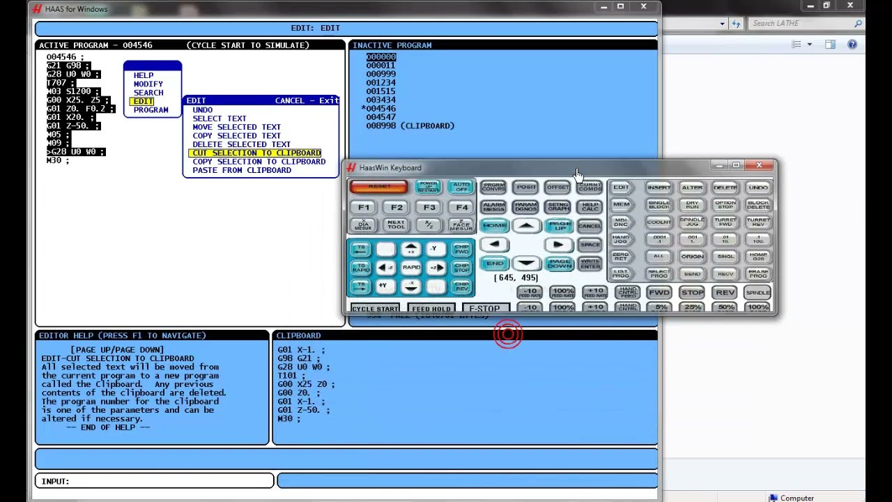 Haas Simulator - Getting Started!  How to select/move/copy/cut/paste-Program Text/Lines - Tutorial 3