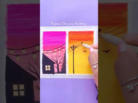 Easy Painting with DOMS brush pen | Sunset & Moonlight night scenery painting tutorial for beginners