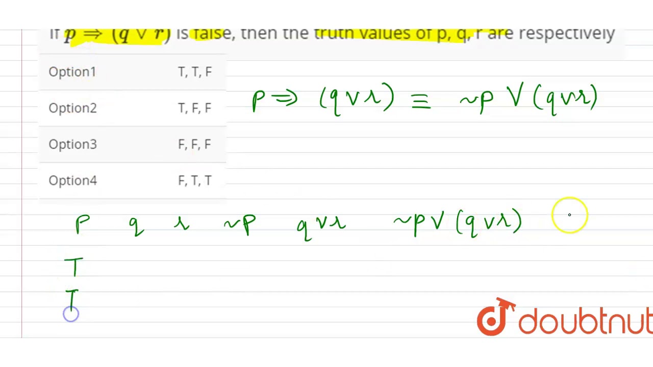 If P Rarr Q Vee R Is False Then The Truth Values Of P Q R Are Respectively Youtube