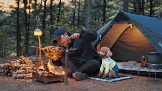 Solo Camping in Forest . Cozy Relaxing with My Dog . Wood Stove ASMR