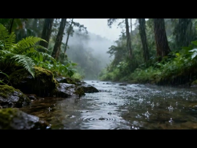 Healing Piano Music and Heavy Rain in river for Rest, Meditation & Deep Sleeping