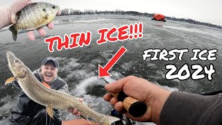 ICE FISHING THIN ICE!!! Western NY Finger Lakes BASS, PIKE & GILLS!!! (January 2024)