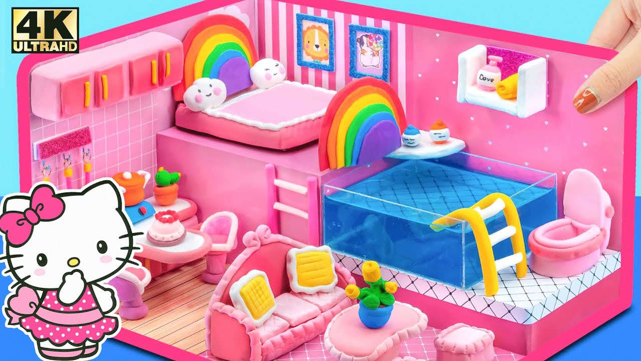 Make Cutest Pink Miniature House with Swimming Pool from Polymer