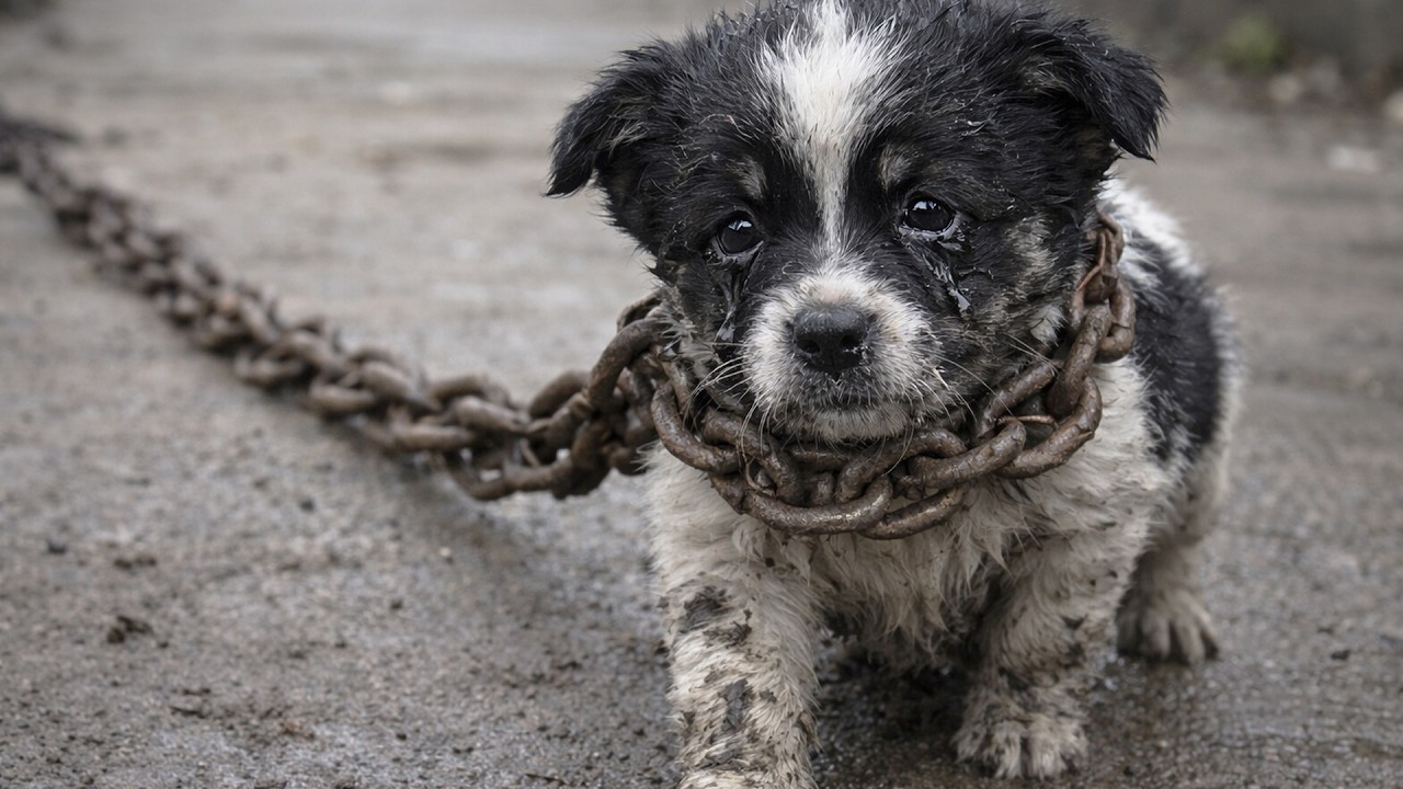 Щенок тянул цепь тяжелее себя 