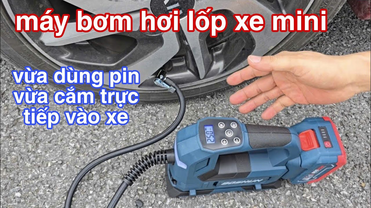 máy bơm hơi lốp xe mini - máy bơm hơi dùng pin có thể cắm điện 12v trực tiếp vào xe