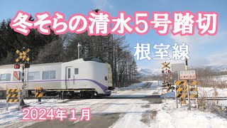 冬の清水５号踏切を走るキハ261系特急おおぞら4号・他　根室線にて