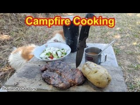 Campfire Cooking, Steak cooked over a wood fire.