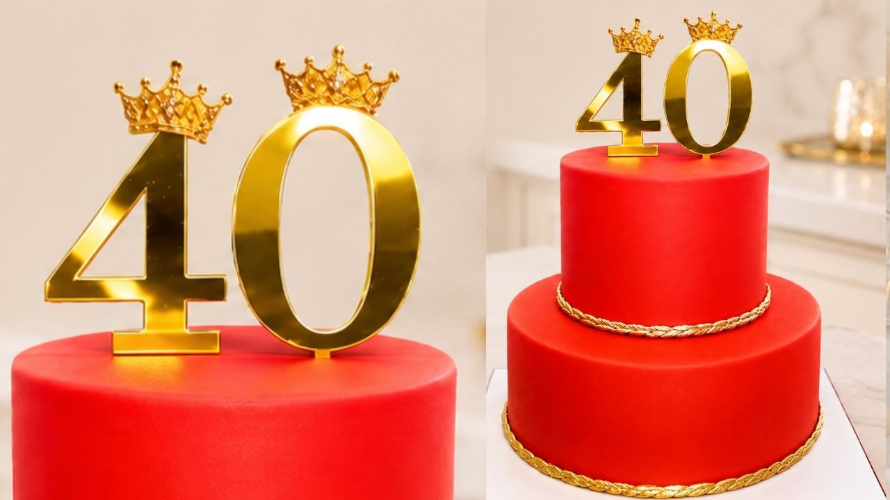 40th Birthday Cake Ideas 🎂👑 | Red and Gold Fondant Cake Decorating ...