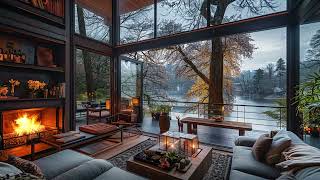 Relaxing Space at Riverside House in The Forest | Warm Jazz Music For Concentrate & Study, Work