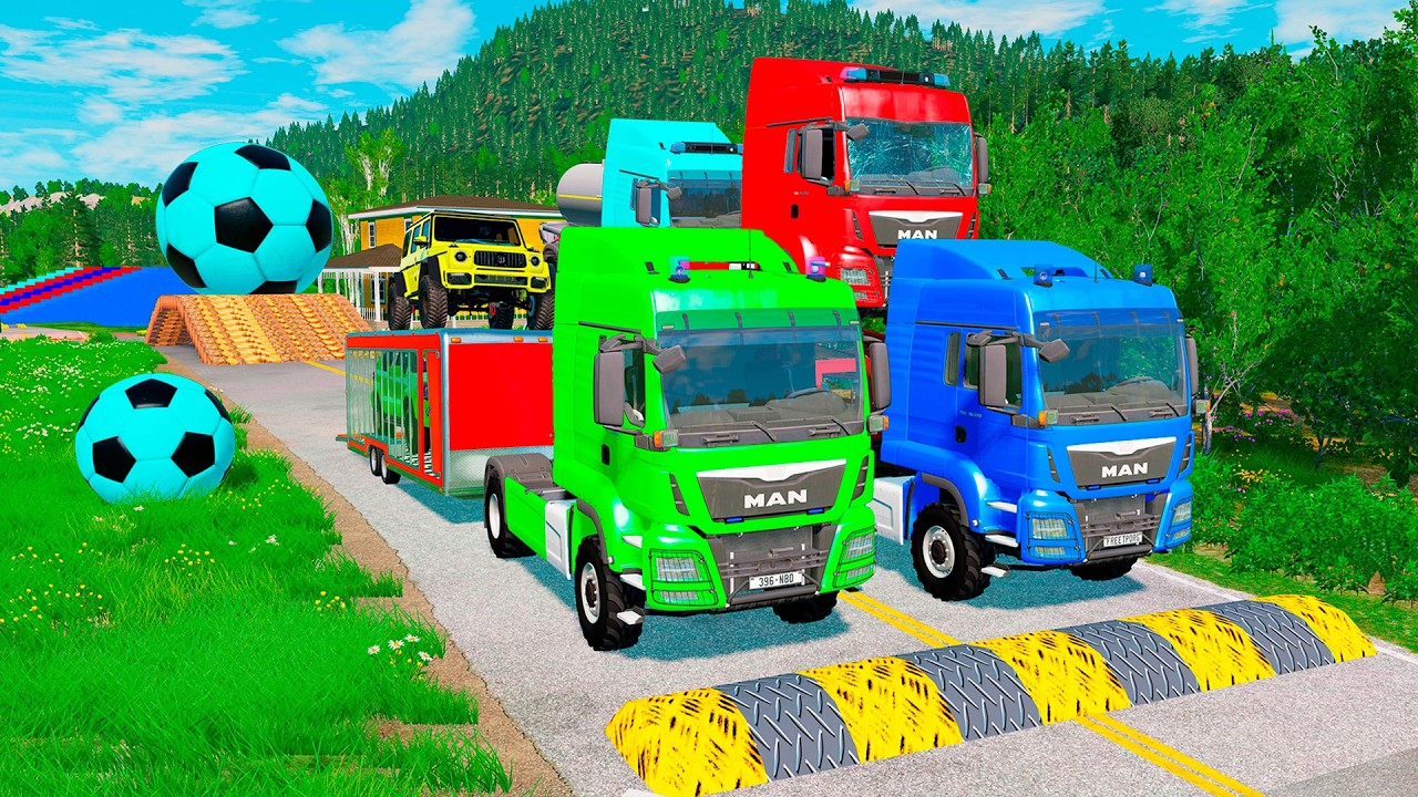 Triple Flatbed Trailer McQueen Transportation with Truck - Speedbumps vs Cars vs Train - BeamNG 0146