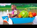 Monkey Naughty BiBi rowes a boat to pick fruits and eat so yummy with ducklings | Animals_Home