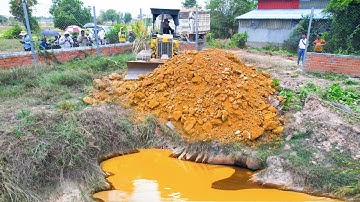 First Start A New Project!! LandFill Rock Soil Delete Pond Process By Komatsu D20P With 5Ton Trucks