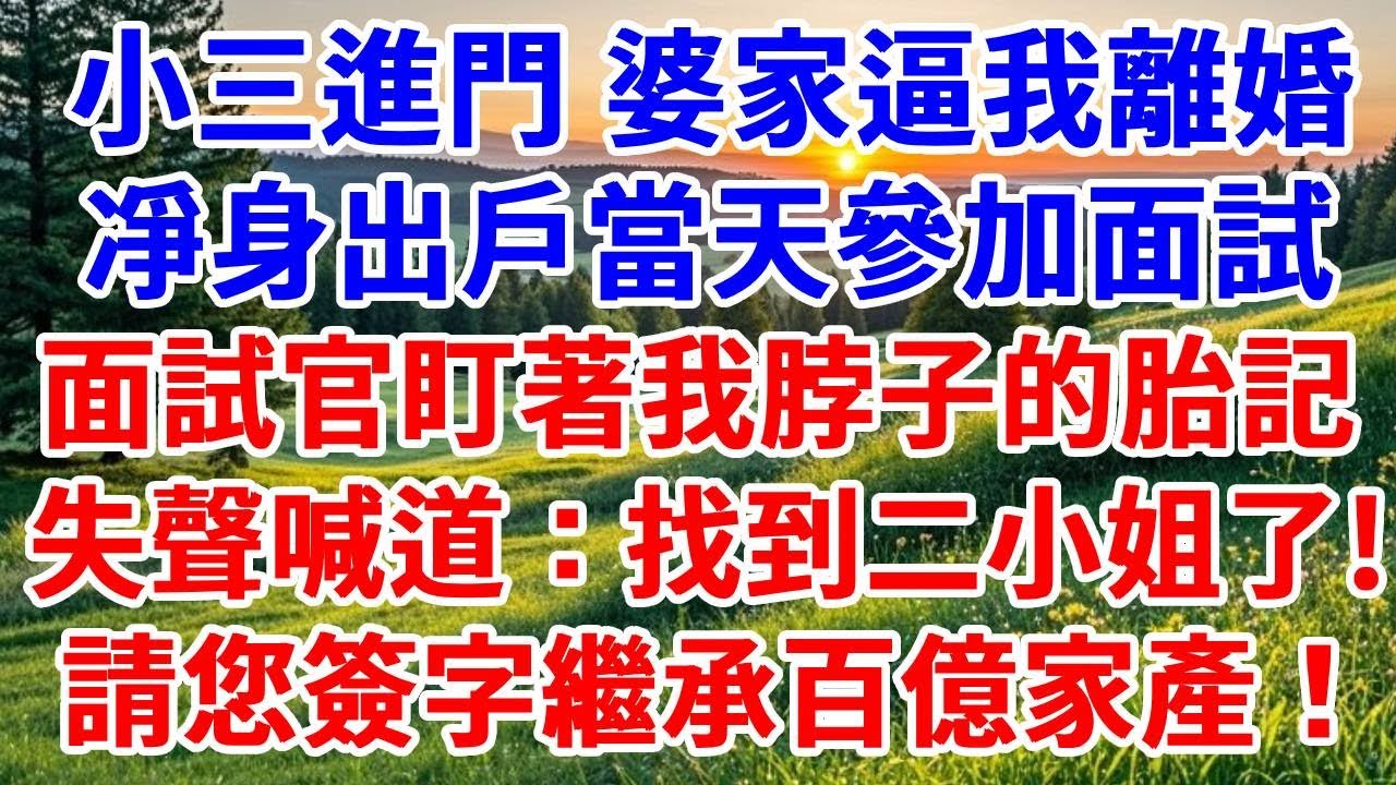 小三進門 婆家當眾逼我離婚，凈身出戶當天參加面試，面試官盯著我脖子的胎記失聲喊道：董事長，找到二小姐了！請您回家繼承百億家產！#詩涵講故事#原創故事#生活經驗#情感故事#晚年哲理#說故事#完結文