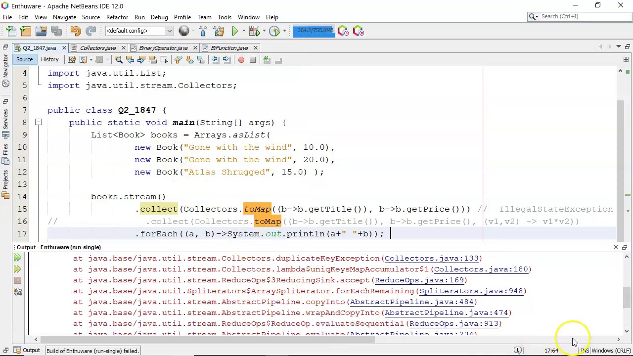 How to handle duplicate keys in Collectors.toMap() (enthuware.ocpjp.v8.2.1847)