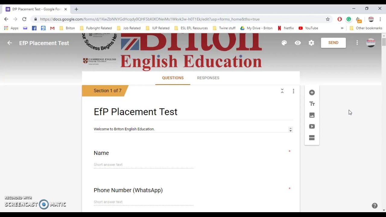 Setting up google forms; confirmation message and send 