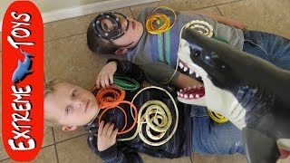 Snakes in a Box! Toy Megalodon Shark Helps Boys Fight Toy Snakes.
