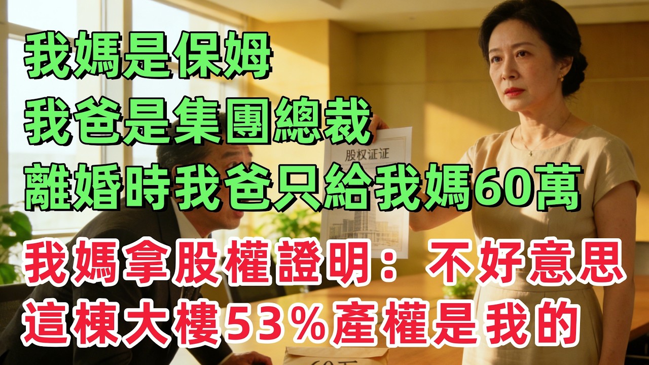 我媽是保姆，我爸是集團總裁，離婚時我爸只給我媽60萬，我媽卻拿出股權證明：不好意思，這棟大樓53%產權是我的！！「情感故事」