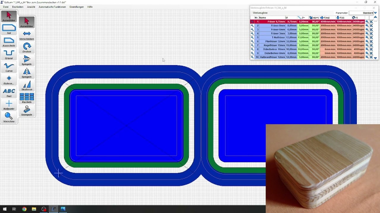 Estlcam Teil & Ausschnitt: Zusammensteckbare Box fräsen (Holz)