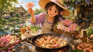 🍤 Picking Fresh Water Lilies & Cooking Delicious Shrimp | Cozy Ghibli Anime Cooking 🌸✨ #ghibli 