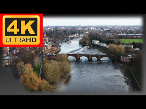 Chester drone footage 4k. University cathedral and roman remains.