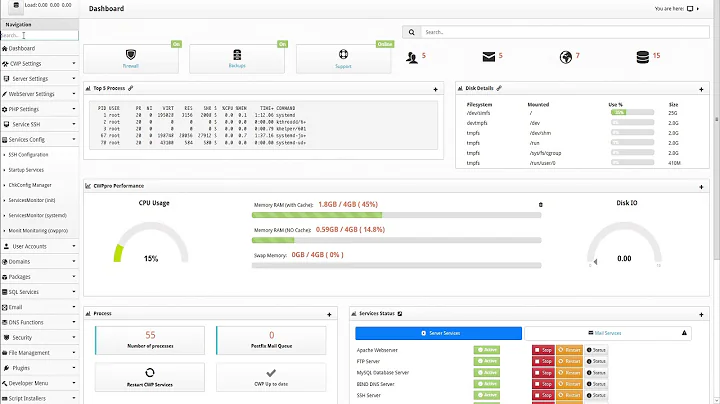 CWP - Admin Panel: Monitoring the server services with Monit