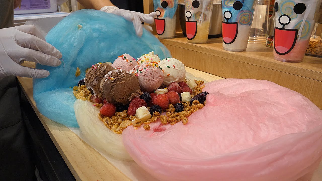 ⁣솜사탕 아이스크림 과일 브리또, 무지개 솜사탕 / cotton candy ice cream fruit burrito - korean street food