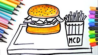 Cara menggambar dan mewarnai burger dan kentang goreng
