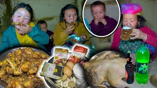 Broiler Chicken Roast Cooking & eating in village kitchen || simple roast chicken recipe in village