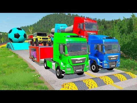 Double Flatbed Trailer Truck vs Speedbumps Train vs Cars 