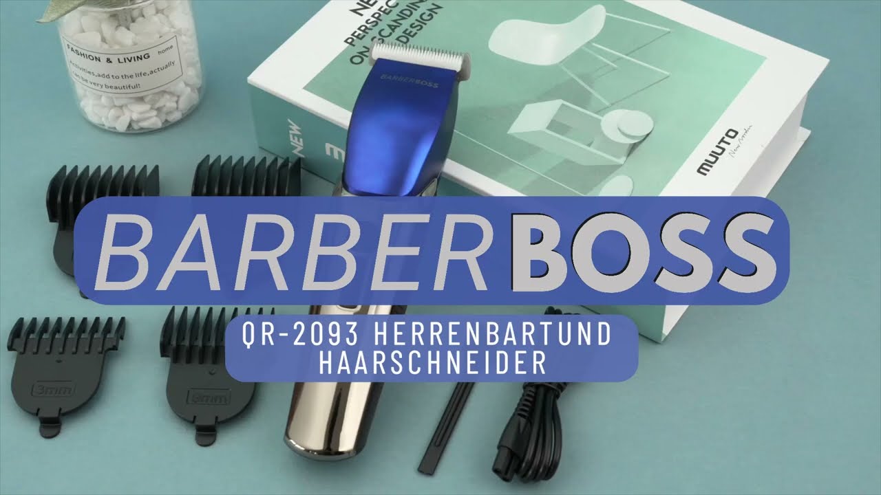 BarberBoss Akku-Haarschneider QR-2091 – Titan-Keramikklinge, 8 Aufsteckkämme, USB-Ladung, LED-Display