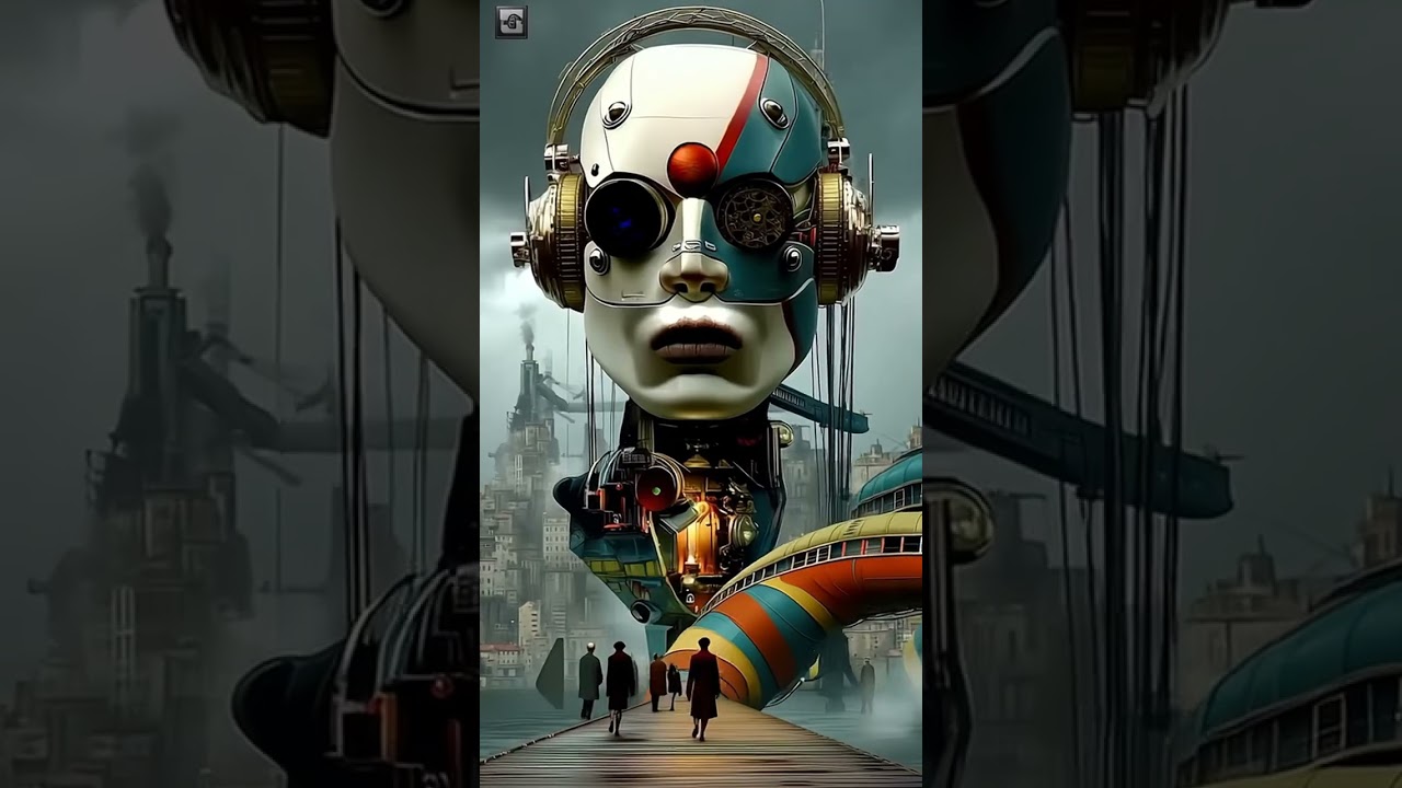 A huge floating head with robotic eyes and headphones hovers over a futuristic cityscape. The fac...
