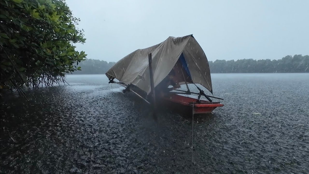 Incredible Heavy Rain and Strong Winds While Camping by the River | Cozy Canoe Shelter