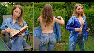 Coffee and wet jeans in nature   wetlook model jeans