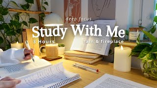 3HOUR STUDY WITH ME  Gentle Rain & Fireplace Sounds | with pomodoro timer