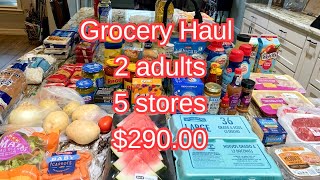 August grocery haul | $290 | 2 adults | 5 stores