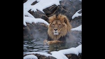 Majestic Lion Enjoys a Steaming Hot Spring in a Snowy Winter Wonderland #AI #Sora #OpenAI