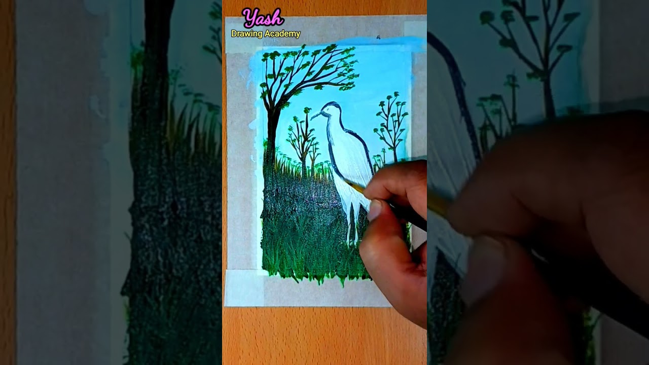 How to Draw Heron Drawing || Easy Birds Painting Step by Step for Beginners || Crane Scenery Arts