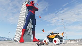 GIANT SPIDER MAN BUILDING VS MONSTER SHARK AND POOR LIGHTNING MCQUEEN'S STORY