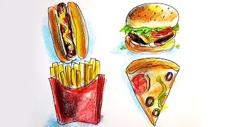 Как нарисовать ХОТ ДОГ, БУРГЕР, ПИЦЦУ, КАРТОШКУ / вредный урок рисования для детей Как нарисовать ХОТ ДОГ, БУРГЕР, ПИЦЦУ, КАРТОШКУ / вредный урок рисования для детей