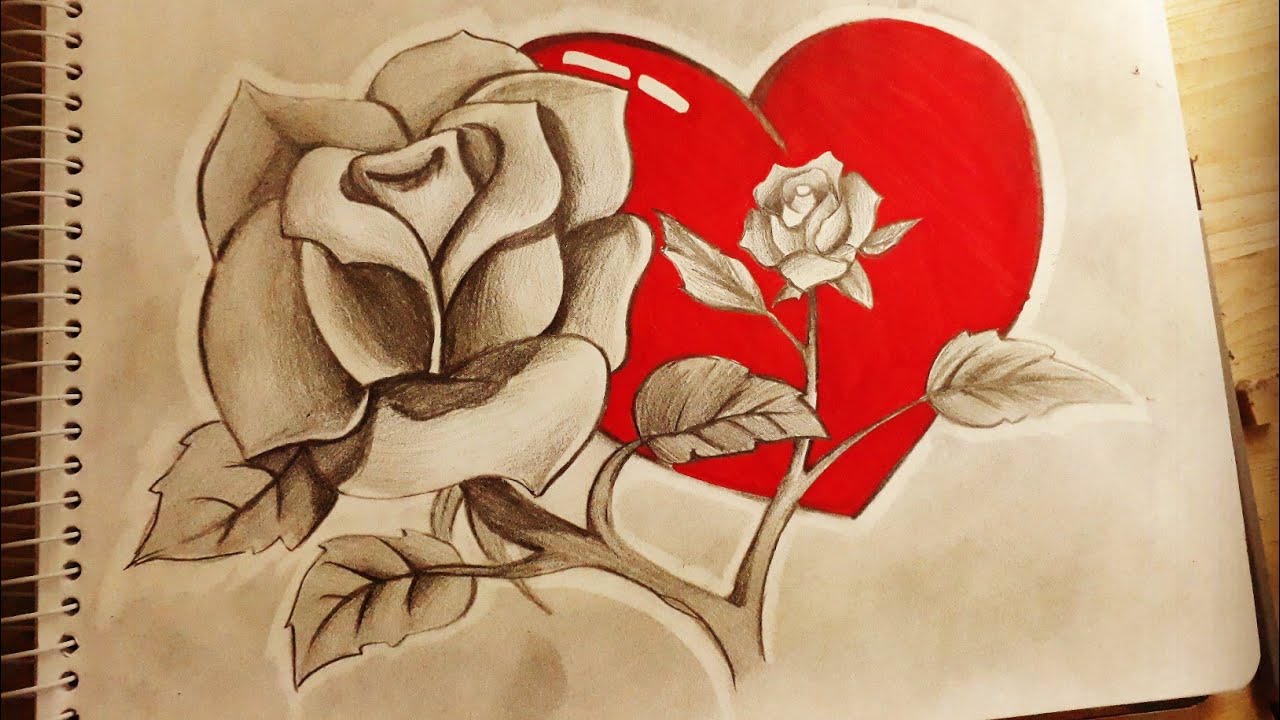 DIBUJANDO CORAZONES Y UNA ROSA - DIBUJOS DE AMOR - Corazones Imagenes De Ro...