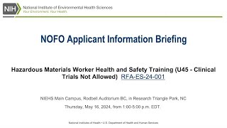 Hazardous Materials Worker Health and Safety Training (U45 - Clinical Trials Not Allowed) – May 2024