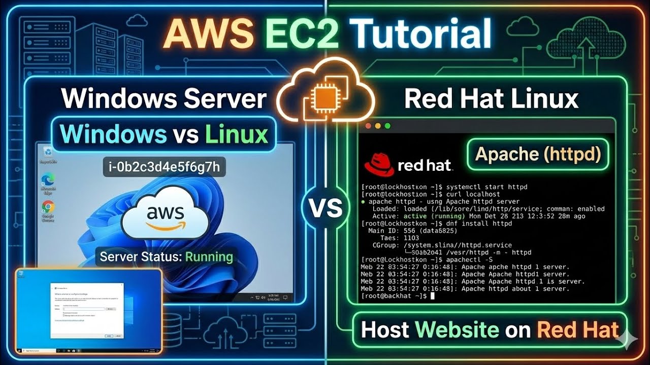 AWS EC2 Full Tutorial 🚀 | Windows vs Linux Server | Red Hat Web Server ...
