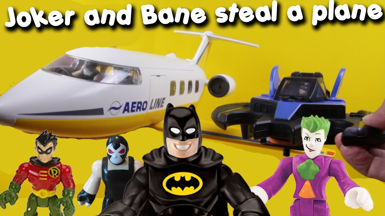 Joker & Bane steal Bruce Wayne Plane with Robin. Batman follows in Batwing imaginext toys megatoys