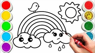 Rainbow With Clouds And Bird Drawing & Coloring For Kids & Toddlers | 645